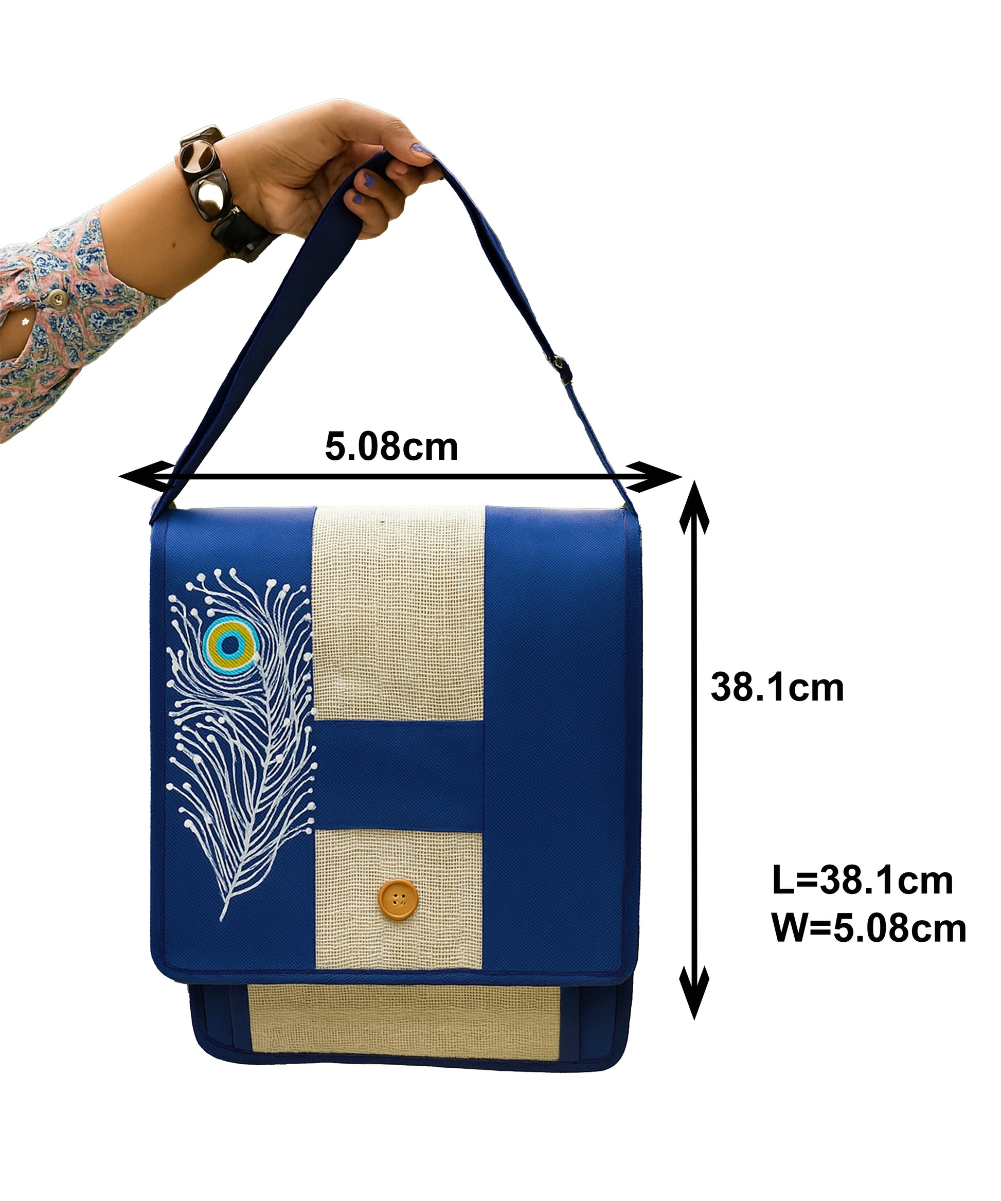 Blue Jute Laptop Bag with Peacock Feather Design