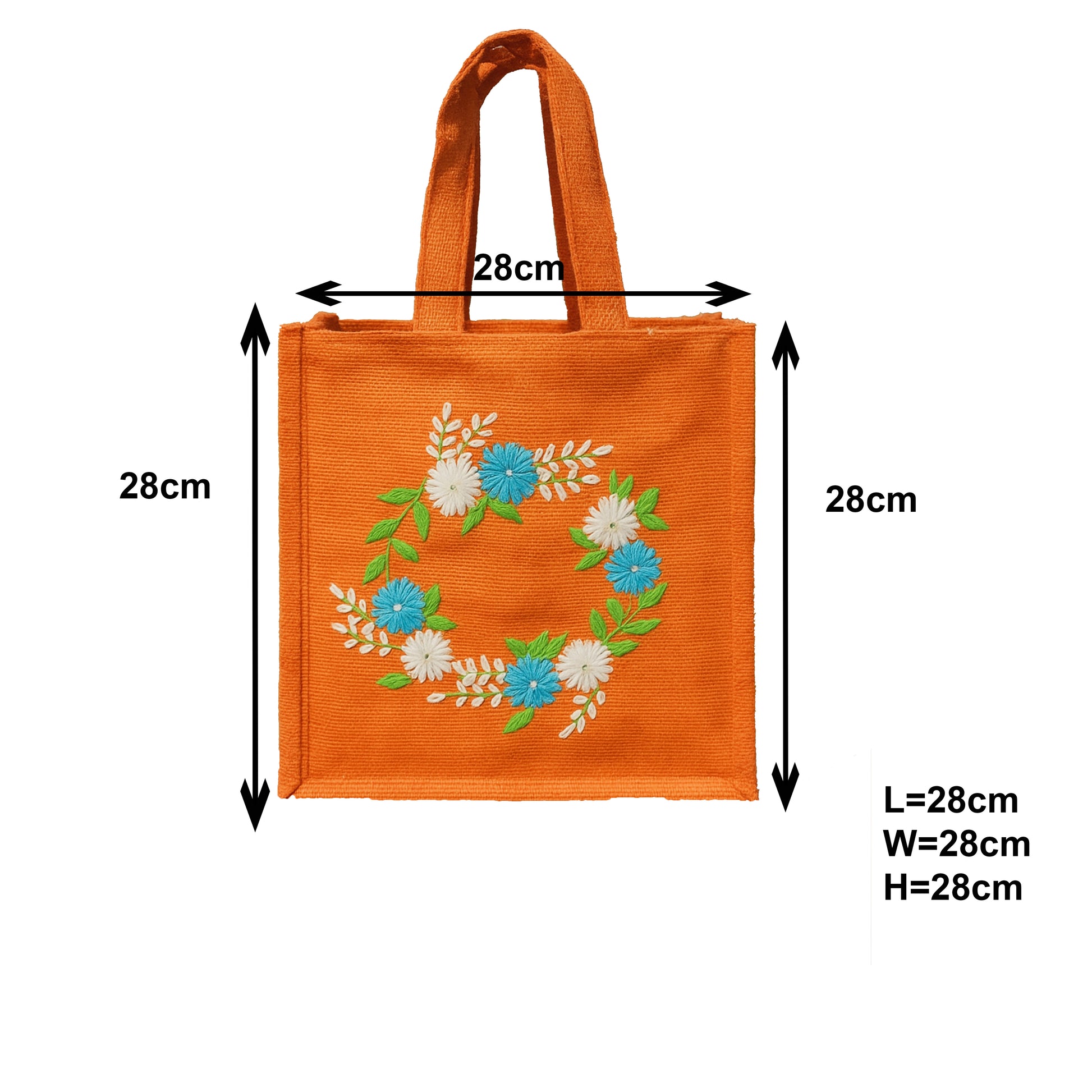 Orange Jute Handbag with Floral Wreath Embroidery