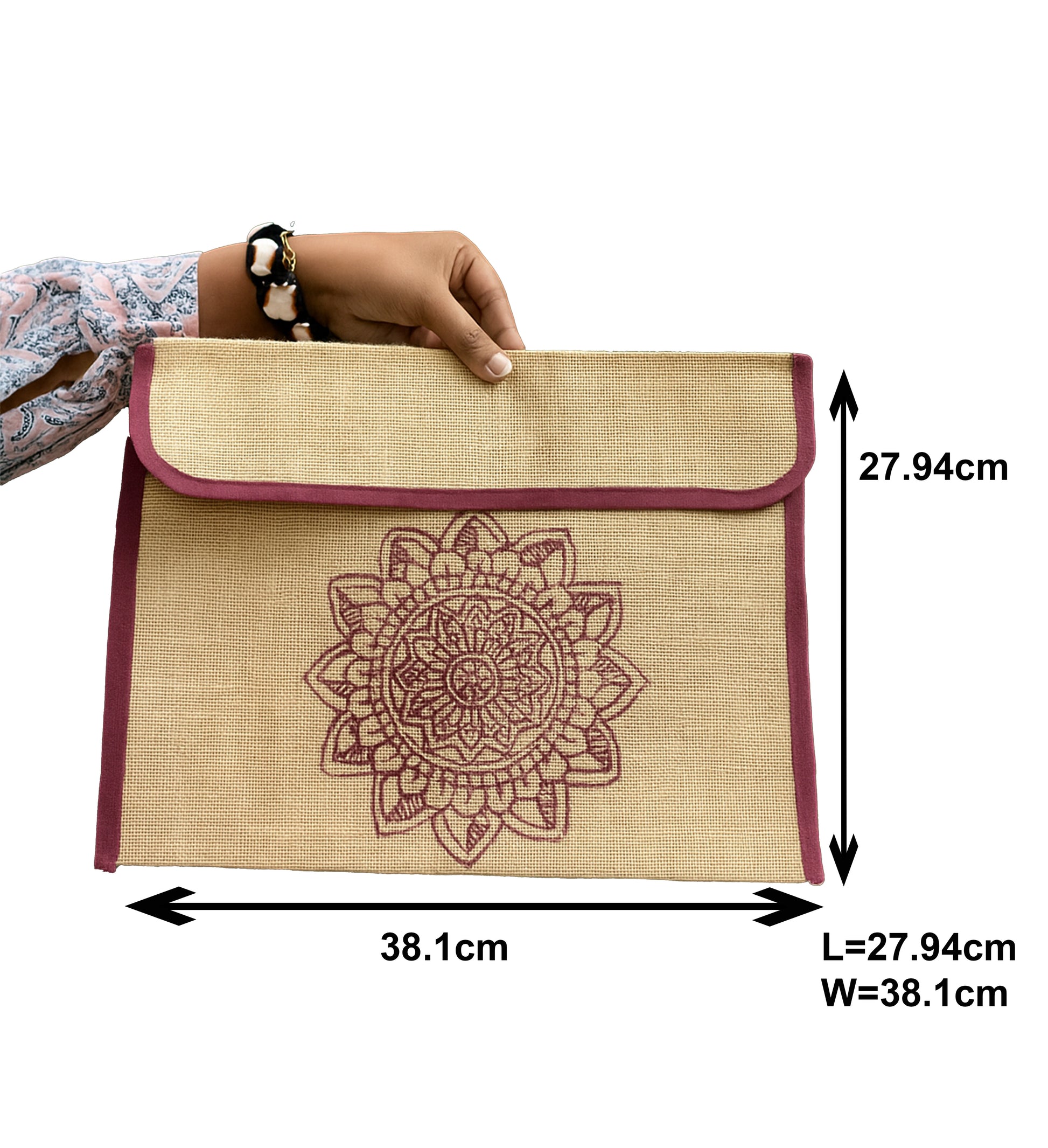 Natural Jute Laptop Sleeve with Maroon Mandala Print
