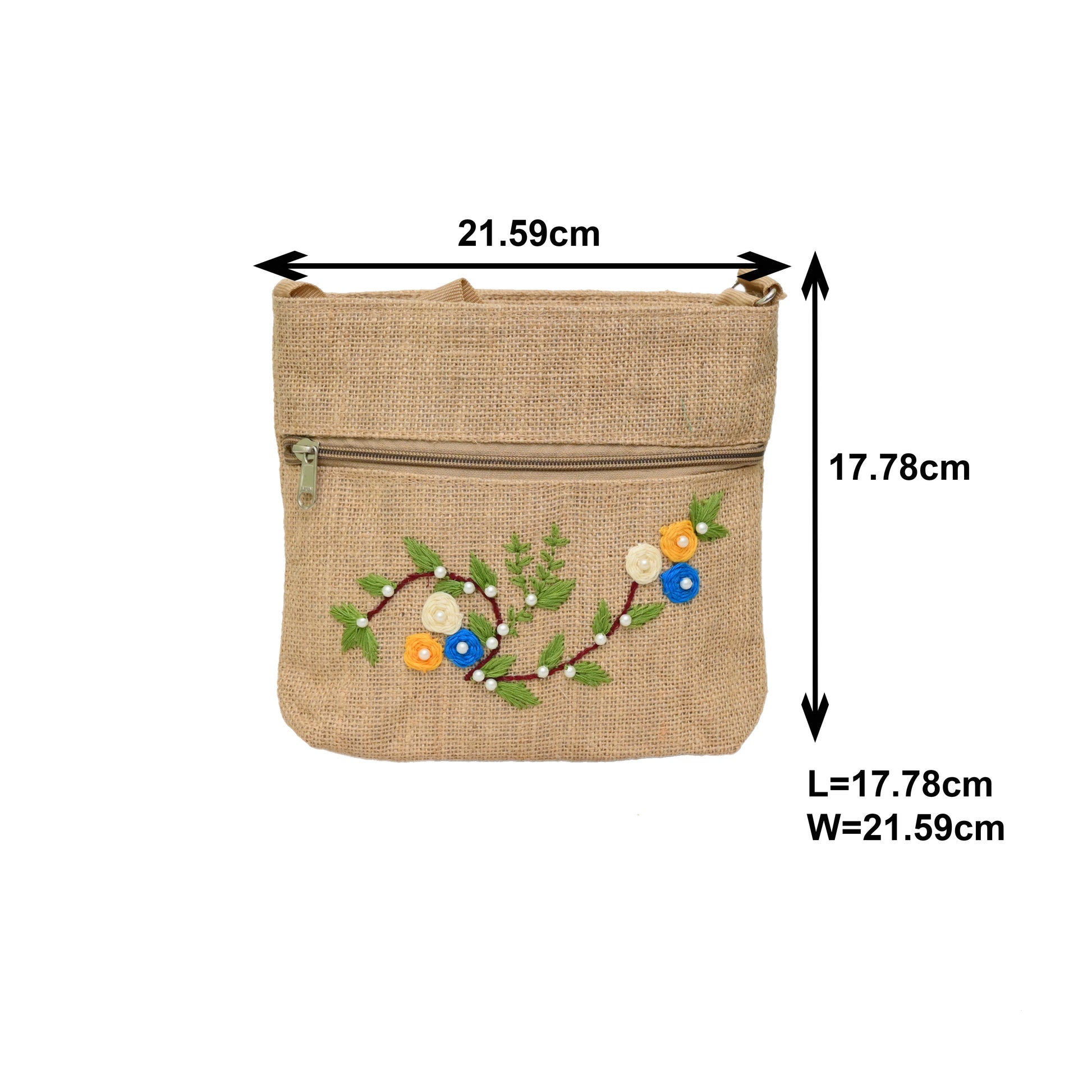 Small Jute Sling Bag with Yellow and Blue Floral Embroidery