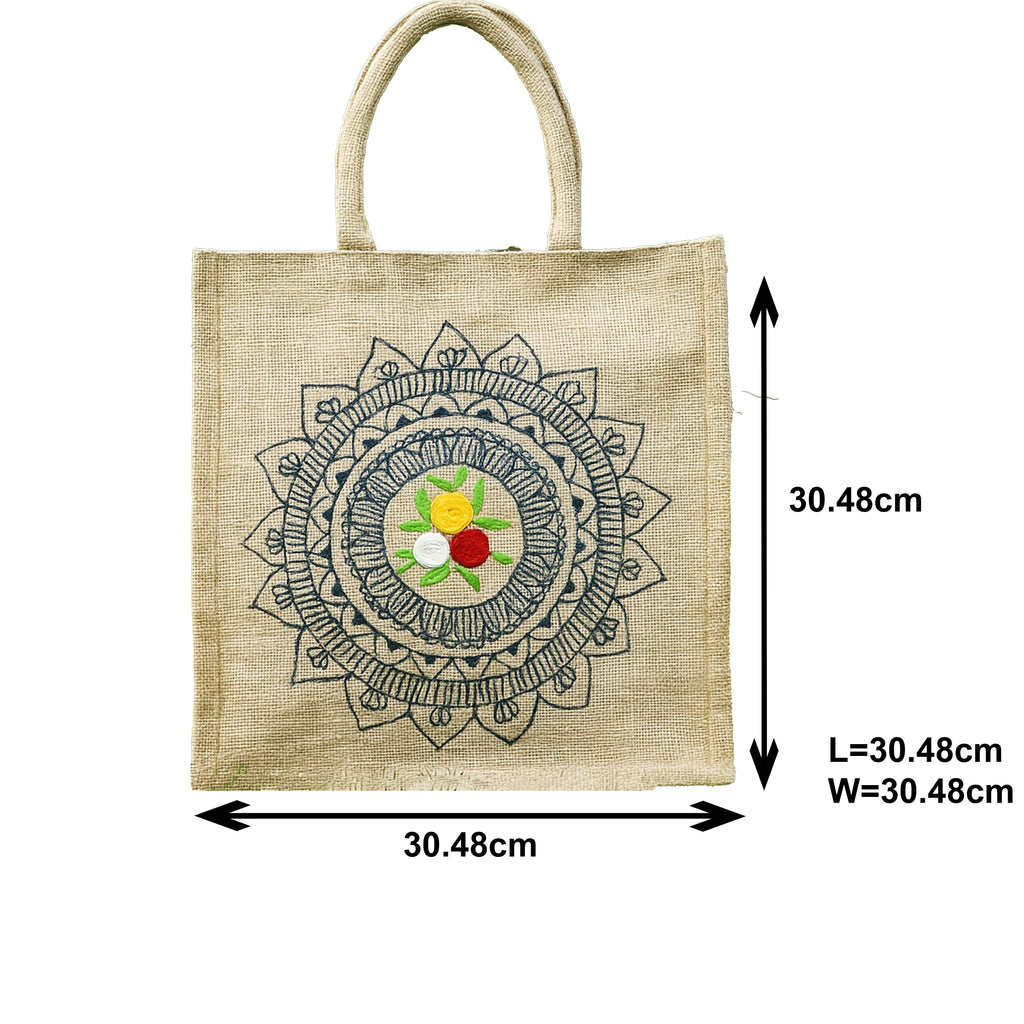 Handcrafted Jute Lunch Bag with Mandala Art and Floral Appliqué