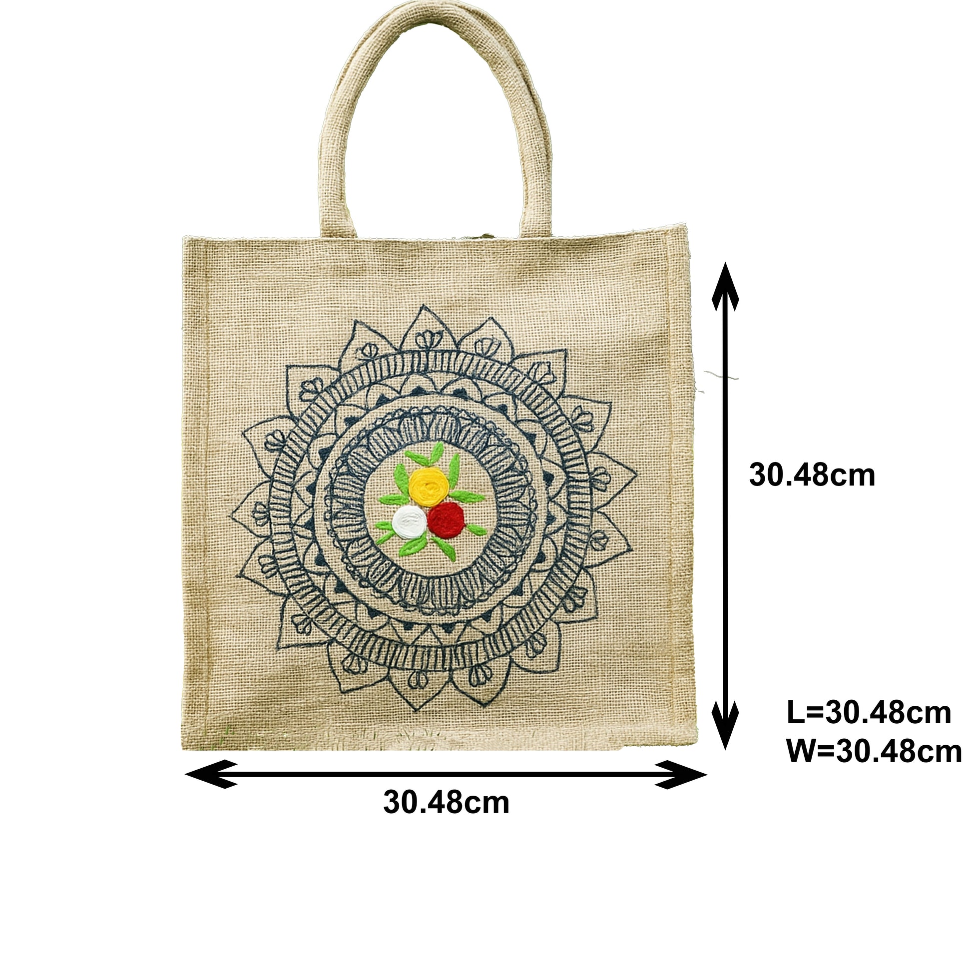 Handcrafted Jute Lunch Bag with Mandala Art and Floral Appliqué