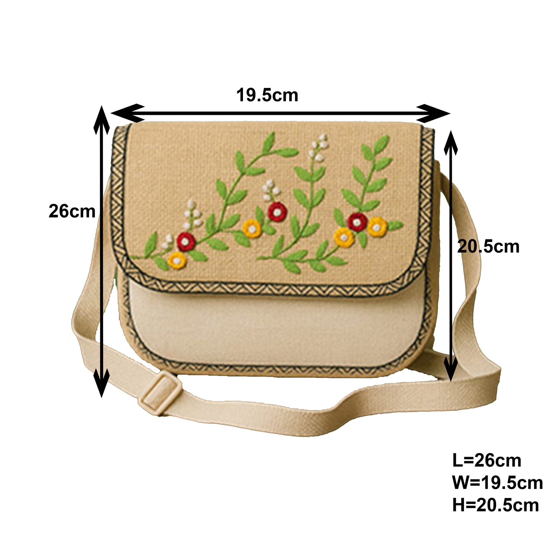 Embroidered Floral Jute Sling Bag with Adjustable Strap