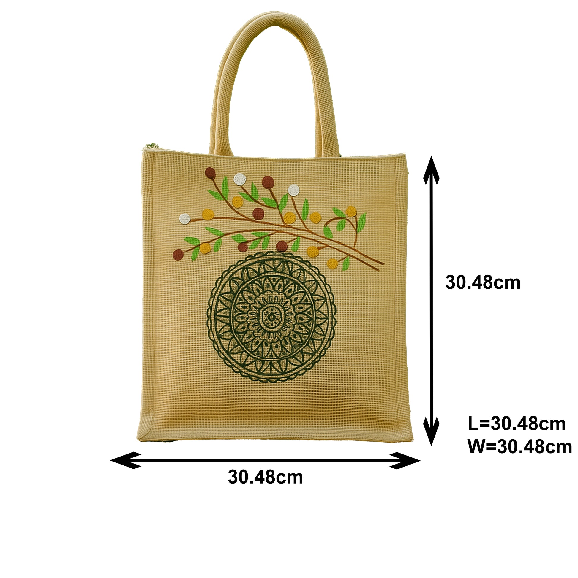 Eco-Friendly Jute Lunch Bag with Botanical Branch and Mandala Design
