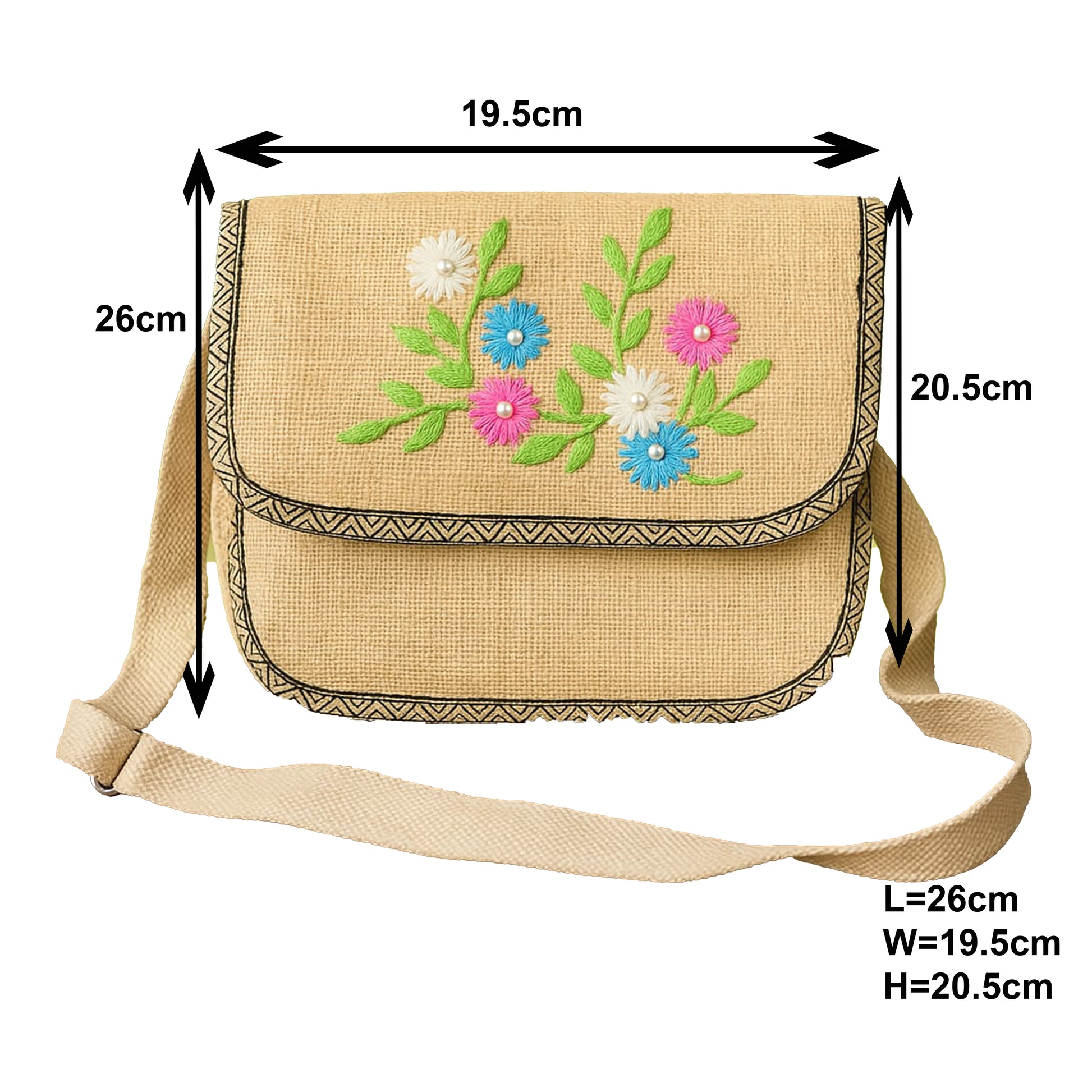 Natural Jute Sling Bag with Pink & Blue Floral Embroidery