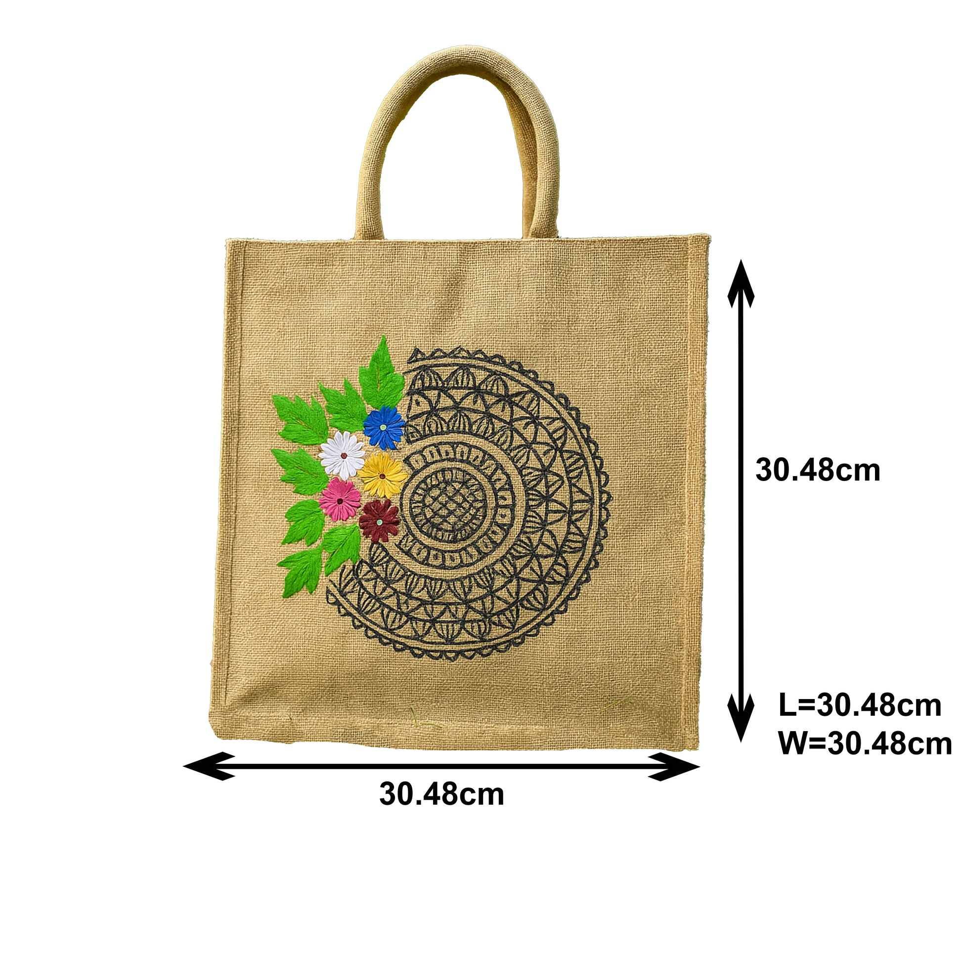 Jute Lunch Bag with Mandala and Colorful Floral Embroidery