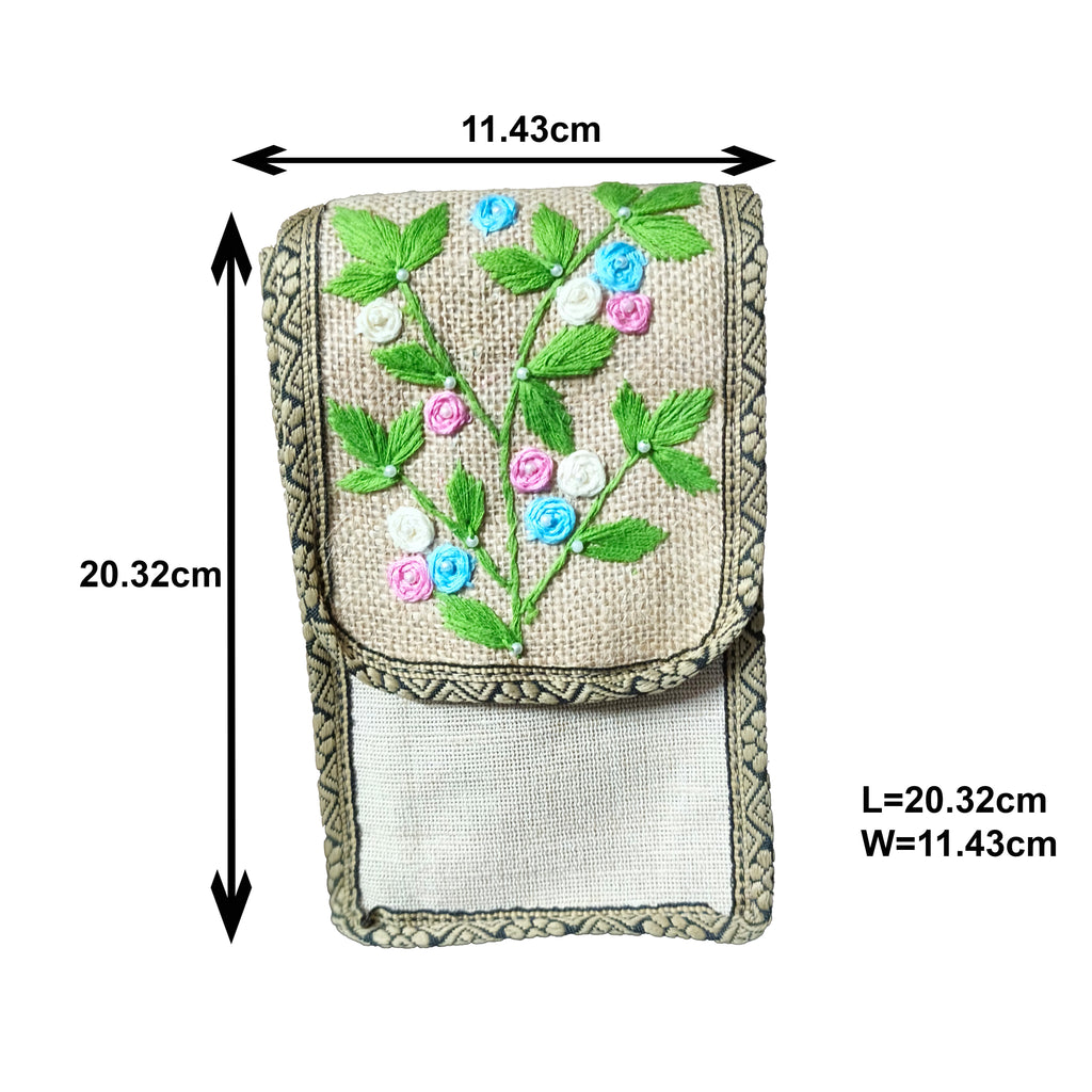 Garden Bloom Jute Mobile Pouch Bag