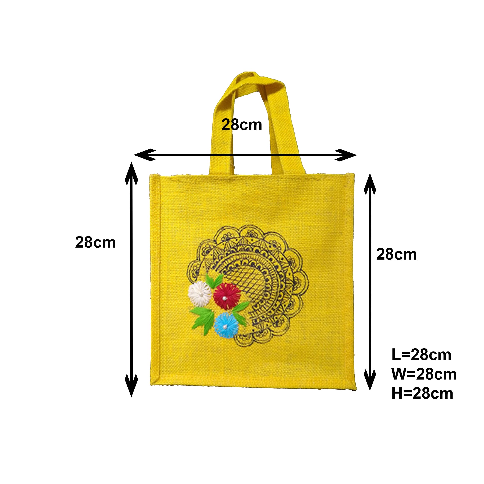 Yellow Jute Lunch Bag with Mandala and Floral Embroidery