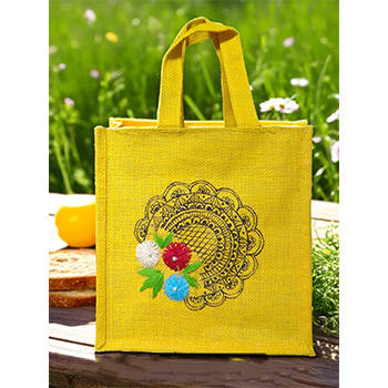 JUTE LUNCH BAG , UNIQUELY DESIGNED WITH HAND EMBROIDERY