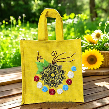 JUTE LUNCH BAG , FUSION OF HANDPAINTING AND HAND EMBROIDERY